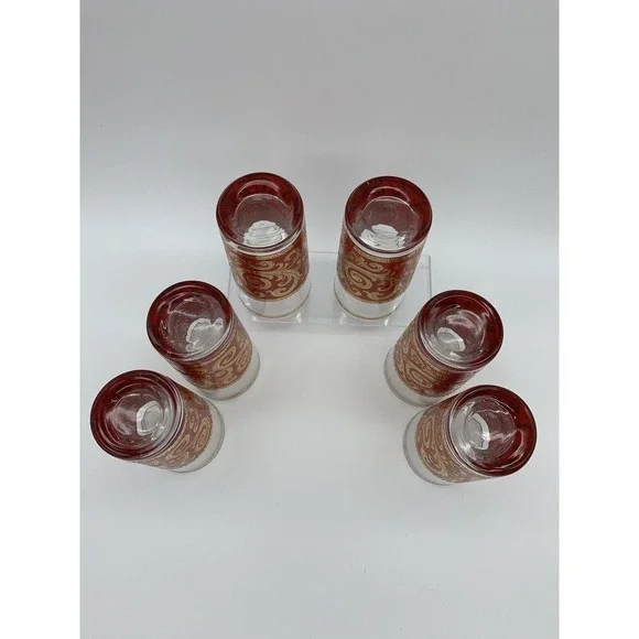 Culver ltd MCM Red 22K Gold Swirl Set of 6 Leaf Scroll Baroque High Ball Glasses - Picture 8 of 16